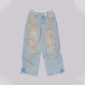 กางเกงยีนส์เดนิมหนาน้ำหนักมากคุณภาพสูงสไตล์วินเทจสั่งทำโลโก้ได้ ล้างสีแบบ Dirty Washed ขอบขาดๆ ทรง Baggy สำหรับผู้ชาย ขายส่ง - Product Image 3