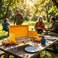 Réchaud à gaz portable pliable à 2 brûleurs, cuisinière à gaz double brûleur pour le camping en plein air, les pique-niques, la randonnée, les barbecues en plein air