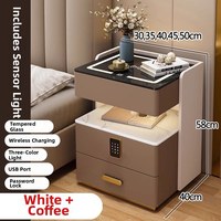 Table de chevet en bois massif à trois tiroirs, best-seller, avec chargeur sans fil, serrure à combinaison, plateau en verre trempé, design minimaliste italien