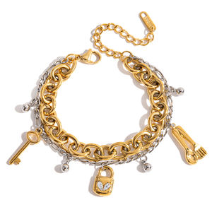 Pulsera de Acero Inoxidable Chapada en Oro de 18K con Circonita, Dos Tonos, Cierre de Corazón, Colgante de Cuchara, Tenedor y Llave - Product Image 1