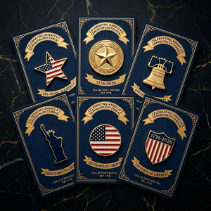 Colección de Pins Esmaltados Conmemorativos del 250 Aniversario 1776-2026: Bandera Patriótica, Estrella, Estatua de la Libertad, Campana - Set de Pins de Solapa <span class=keywords><strong>en</strong></span> Tarjeta - Product Image 1