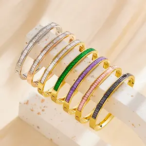 Wholesale Crystal Fine Jewelry Open Bangles Gold Filled Stainless Steel Bracelets Adjustable Zirconia Bangles For Women