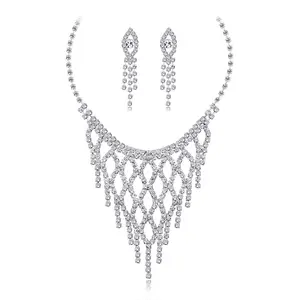 Micro-paved zircon tassel necklace earrings bracelet and ring four-piece set versatile wedding and dinner European and American