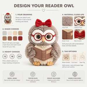 Peluche personalizzato OEM: Gufo lettore con fiocco rosso e occhiali da lettura - Mascotte personalizzata OEM - Product Image 1