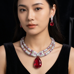 Luxury <b>Silver</b> Plated Brass Red CZ Stone <b>Choker</b> Necklace Earring Set Elegant Cubic Zirconia Costume Jewelry For Women - Product Image 2