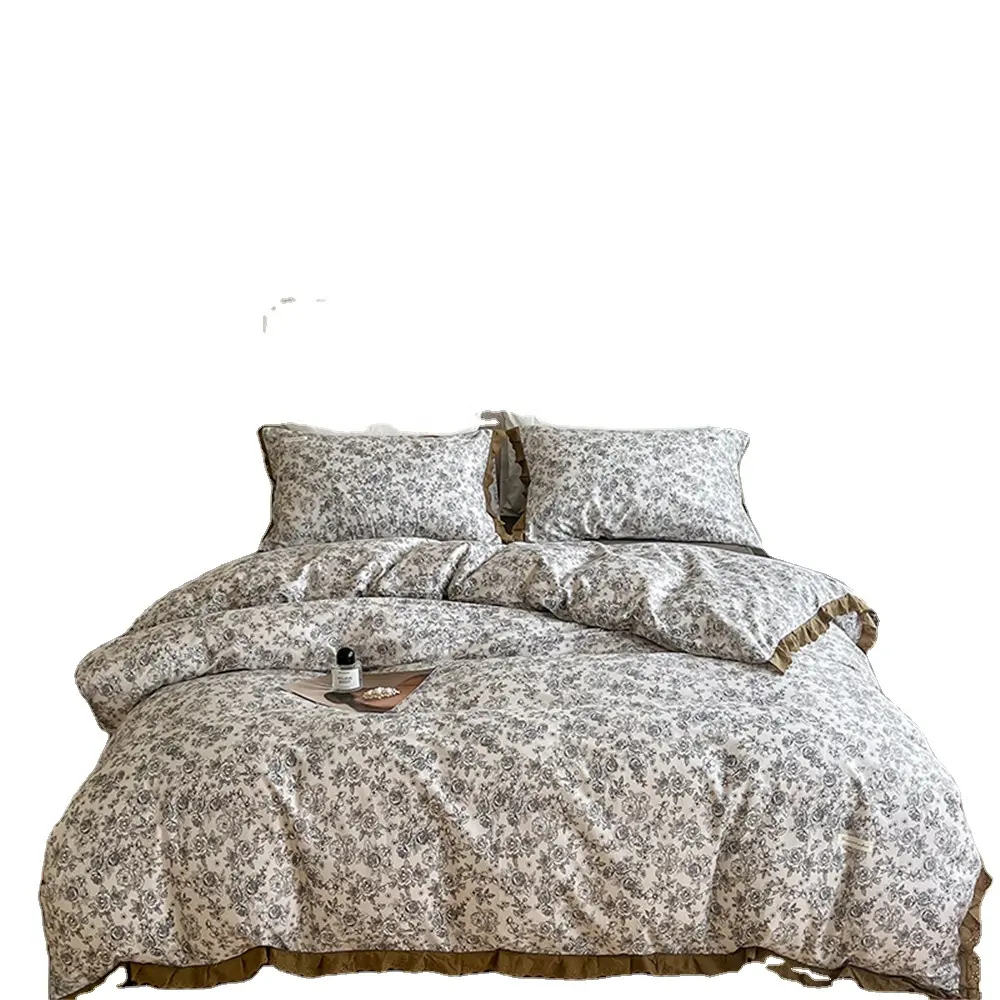 Conjunto de cama Queen Size 100% Algodão Floral Capa de edredão Shabby Vintage Design White Lace Chic Ruffle Conjunto de cama Sem Comforter