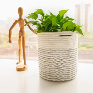 Cotton Rope Woven Flower <b>Basket</b> Round White Storage Bag <b>Small</b> Potted Plant Handmade Standing Type - Product Image 1
