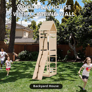 Maisonnette en bois massif avec mur d'escalade et structure en bois - Finition non traitée pour utilisation en extérieur dans la cour, pour enfants de 3 à 8 ans - Product Image 2