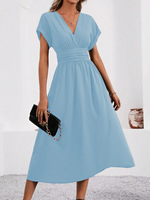 Robe longue fluide pour femme, col en V surplissé, manches chauve-souris, taille froncée, élégante pour invitées de mariage et soirées cocktail 2026