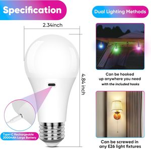 Không dây điều khiển từ xa Dimmable dẫn ánh sáng bóng đèn Pin hoạt động A19 A65 E27 cơ sở 15 màu sắc 3 giờ có thể sạc lại có thể tháo rời - Product Image 2