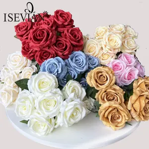 ISEVIAN सस्ते थोक गुलाबी गुलाब कृत्रिम रेशम सफेद 9 सिर गुलाब फूल गुच्छों शादी के लिए