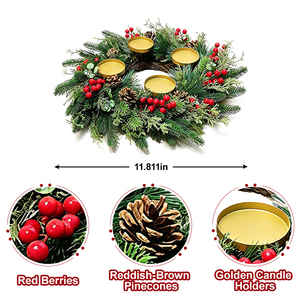 Couronne de l'Avent de 11,8 pouces avec 4 bougeoirs dorés en plastique, verdure artificielle de sapin et de cèdre, baies rouges, Thanksgiving - Product Image 2