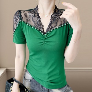 Nueva <span class=keywords><strong>Camiseta</strong></span> <span class=keywords><strong>de</strong></span> Diseño Moderno con Cuello Redondo y Cuentas, <span class=keywords><strong>de</strong></span> Color Sólido y Manga Corta para <span class=keywords><strong>Mujer</strong></span> - Product Image 1