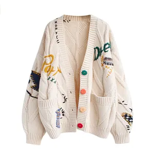 Cárdigan de punto estampado de alta calidad con suéter con bolsillos para mujer