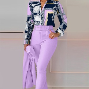 2025 Spring New Elegant Women's Mandarin Collar Button Floral Long Sleeve Shirt + Pants Casual Two Piece <b>Set</b> (No Coat) - Product Image 3