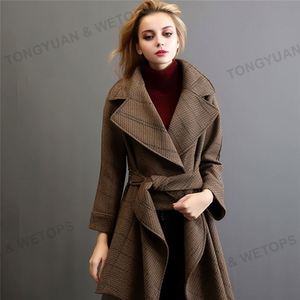 Womens cộng với kích thước quần áo veste carreaux Femme của phụ nữ lần lượt xuống cổ áo khoác Belted len pha trộn áo bất đối xứng HEM bọc áo khoác - Product Image 4