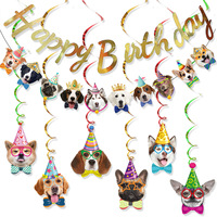 Bannière Joyeux Anniversaire pour Animaux de Compagnie et Décorations Spirales Suspendues, Thème Visage de Chien et Chat, Fournitures de Fête pour Anniversaire d'Animaux