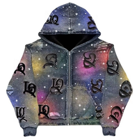 Sweat à capuche zippé pour homme personnalisé, orné de strass appliqués à la main, tendance, délavé dégradé, effet usé, en jean