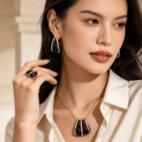 Ensemble de bijoux pour femmes en or mat rétro élégant et noble avec incrustation d'onyx noir en forme de larme, 3 pièces