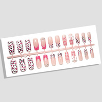 24 faux ongles à presser, forme cercueil, rose ombré, French manucure, motif floral et strass, avec lime à ongles, vente en gros et dropshipping