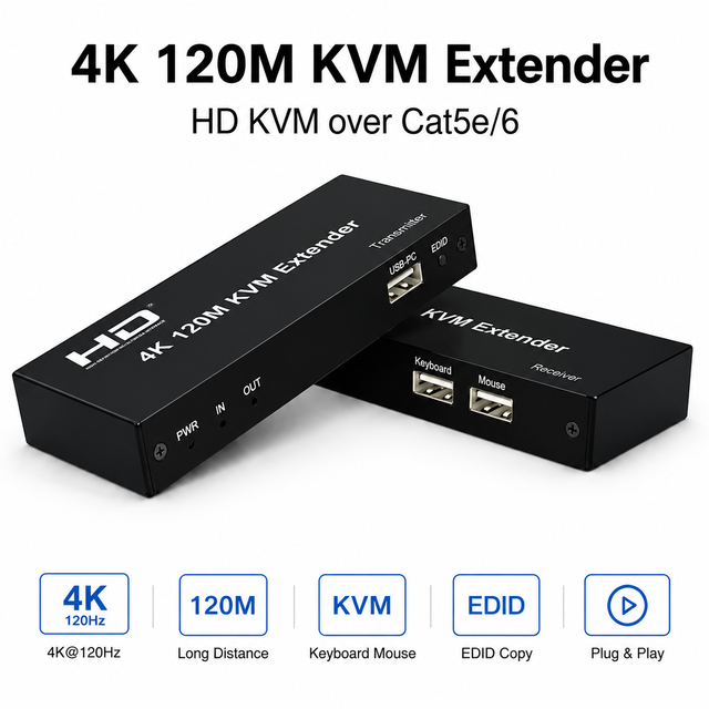 4K 120m HD KVM Extender Over Single Cat5e Cat6 Cable Support USB Keyboard Mouse Control and EDID Management
