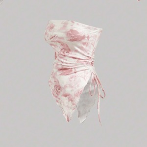 Haut court bustier rose vintage à motifs floraux, froncé sur les côtés avec cordon de serrage, ourlet asymétrique irrégulier, coupe ajustée, style décontracté pour les vacances - Product Image 2