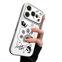 Coque de téléphone portable en peau d'agneau anti-traces de doigts avec motif patte de chat peinte pour 17 Pro Max & 16 avec support intégré