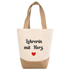 Sac fourre-tout moyen en jute avec motif cœur - Idée cadeau pour professeur pour les adieux et les remerciements de Noël, fermeture à tirette - Product Image 1