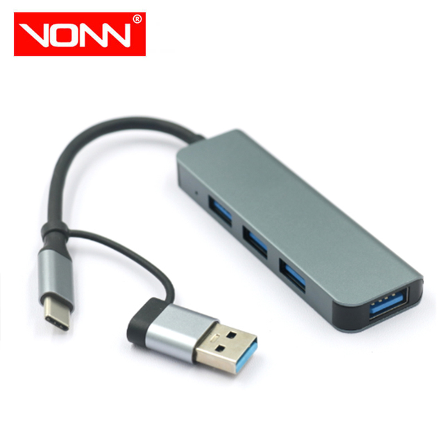 Dual-Head 4-Port USB-C/USB 3.0 Aluminum Alloy Hub with Data Transmission for Smartphone & Computer