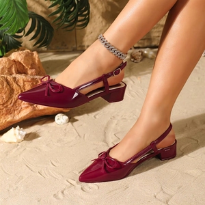 <span class=keywords><strong>Sandali</strong></span> Estivi da Donna con Punta a Punta, Decorazione a Fiocco, <span class=keywords><strong>Tacco</strong></span> a Blocco in PVC Lucido Rosso Vino, Modello Slingback per Ufficio e Feste - Product Image 5