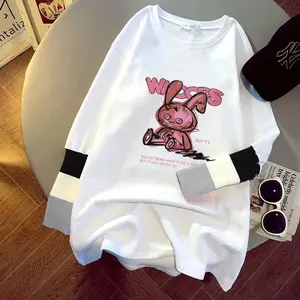 2021 spring and autumn new women's blouse cartoon printing stitching sleeves white long-sleeved T-shirt ladies casual pullover