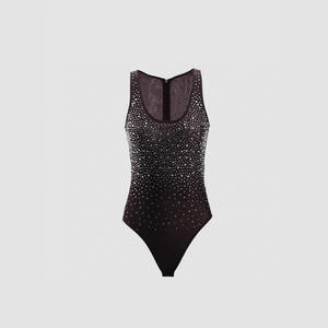 Sexy Summer <b>Black</b> Mesh Sleeveless Skinny Fit Bodysuit for Women with Rhinestone Embellishments <b>Sparkly</b> Party Dance Leotard <b>Top</b> - Product Image 5