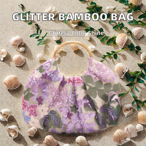 Women's Bohemian Half Moon <b>Handbag</b> With <b>Sequined</b> Flower Pattern Bamboo Handle Party Wedding Tote Bag - Product Image 2