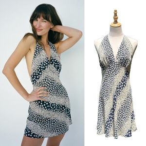 Vestido corto halter de seda lavada al agua azul marino con estampado de margaritas, estilo vacacional, para mujer, Midsummer Dream - Product Image 4