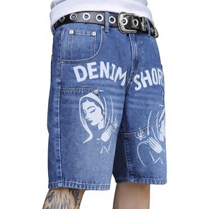 <b>Men's</b> Casual Wide Leg Graphic Print Denim <b>Shorts</b> 100% Cotton Loose Fit Washed Streetwear <b>Knee</b> <b>Length</b> Jean <b>Shorts</b> - Product Image 5