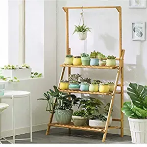 Bamboo Ladder Plant Stand 3 Tier Foldable Hanging Plant Flower Pot Shelves Display Shelf Rack