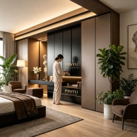Armoire intégrée en bois composite personnalisable de teinte foncée, placard de chambre à coucher, poste de travail multifonctionnel pour l'étude