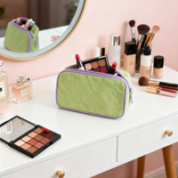 Pochette à maquillage personnalisée, broderie initiale personnalisée, trousse de toilette de voyage, sacs cosmétiques en lin pour femmes avec passepoil