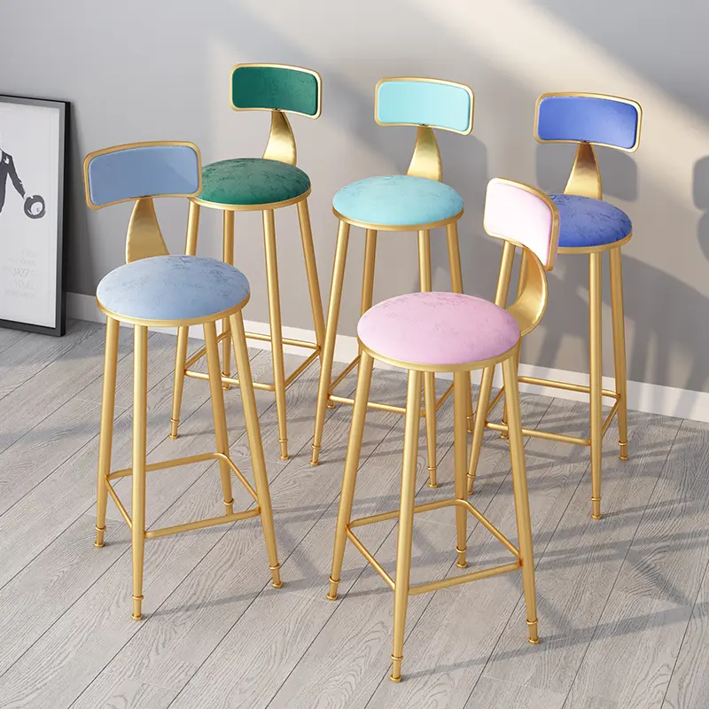 Modern gül altın ucuz kadife tezgah tabure ev Minimalist Casual Cafe mobilya Metal yüksek Bar sandalyeleri