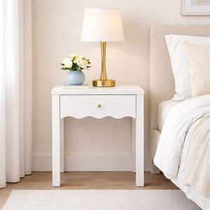 Comodino Bianco con Cassetto, Tavolino Moderno dal Design Ondulato, Tavolino Compatto per Camera da Letto e Soggiorno - Product Image 1