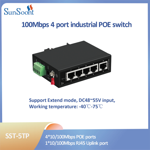 SunSoont Industrial Network POE Switch 5 Port 10/100mbps Din-rail Dual Dc Input Unmanaged DC48V Switch for Ip Camera