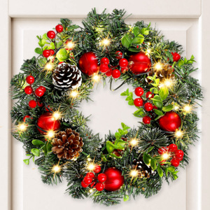 Ghirlanda Natalizia Artificiale Pre-Illuminata con Bacche Rosse e Pigne, Decorazione per Porta d'Ingresso, Parete e Finestra in Stile Rustico, Vendita all'Ingrosso - Product Image 1