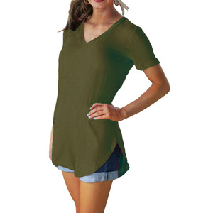 T-<span class=keywords><strong>shirt</strong></span> décontracté pour femme à manches courtes, col en V profond, couleur unie, respirant, coupe ample, style européen et américain, pour tous les jours - Product Image 1