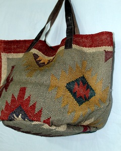 Great Price Handmade Tote Bag Women Cotton Jute with Leather <b>Strap</b> Vintage Style Open Closure Clutch <b>Shoulder</b> Bag for Daily use - Product Image 4