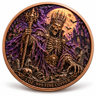 Pièce de monnaie d'imitation en cuivre pur 999 de 1 oz, électroplaquée, série Halloween, Squelette Roi, en relief 3D, couleur UV, artisanat métallique