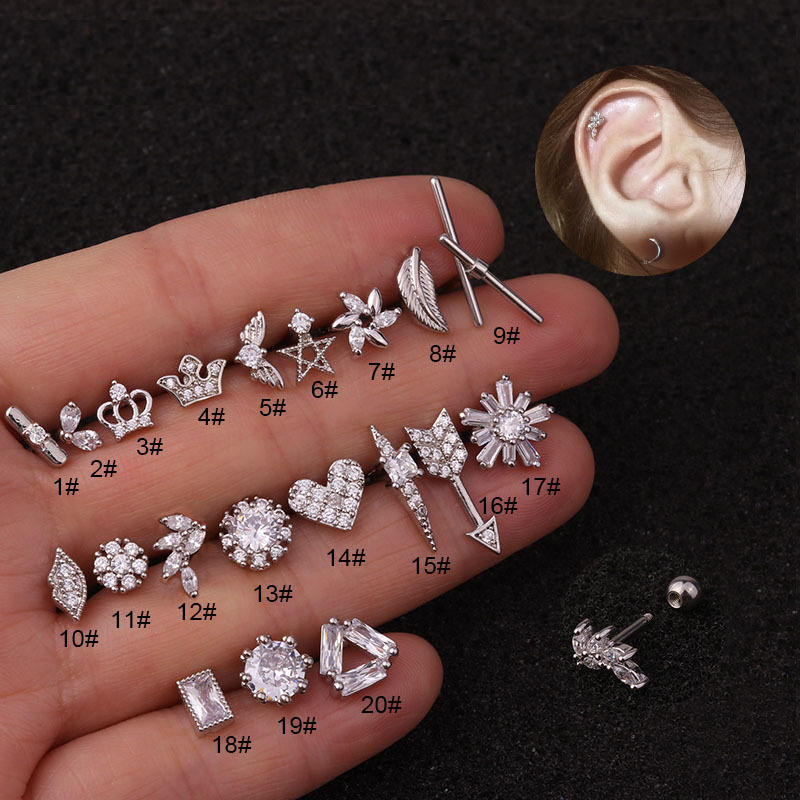 16G Flower Crown CZ Stainless Steel Ear Bone Nails Zircon Screw Cartilage  Stud Earrings Upper Lobe Helix Tragus Piercing Jewelry
