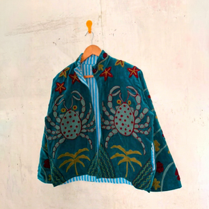 Luxury Turquoise <b>Velvet</b> Embroidered Suzani <b>Jacket</b> with Crab Pattern Full Sleeve Stand Collar Handmade Boho Winter Coat - Product Image 1