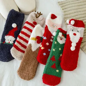 Fluffy Cozy Hair Yarn Xmas Cartoon Character Print Warm Fleece Christmas Socks for Women with box