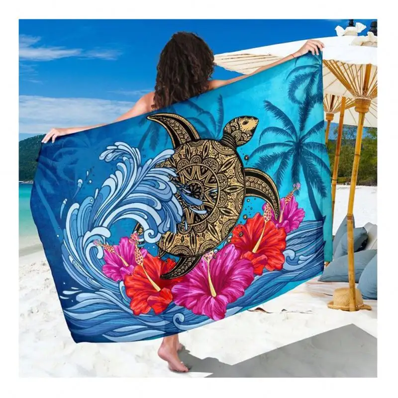 2024 Hawaii biru Hibiscus Turtle sarung Polinesia dicetak Wanita sarung pantai baju renang Bikini Cover up sarung gaun Pareo Wrap