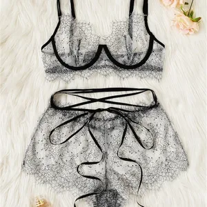 Women Sheer Sexy Lingerie Lace Underwear Bra Thongs Set Sleepwear